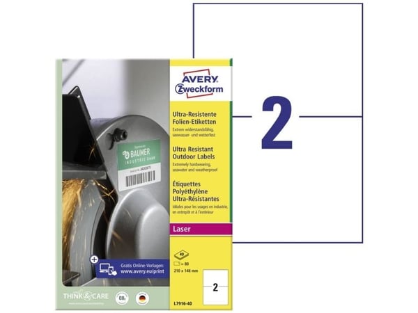 Avery-Zweckform L7916-40 universelle etiketter 210 x 148 mm hvit polyetylenfolie 80 stk permanent