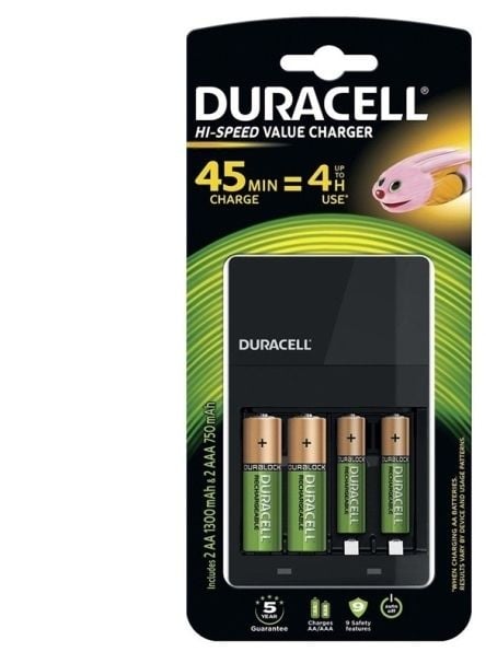 Duracell High-Speed Value CEF14 - 4 h batteriladdare - (för 4xAA/AAA) 2 x AA-typ - NiMH - 1300 mAh - 7 Watt - med 2 x AAA NiHM 750 mAh laddningsbar...