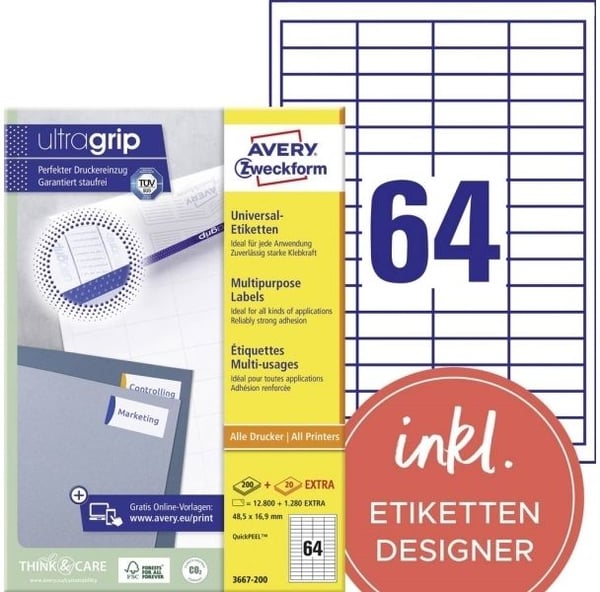 Avery Zweckform Universal - Papir - permanent klebemiddel - hvit - 48,5 x 16,9 mm 12800 etikett(r) (200 ark x 64) etiketter