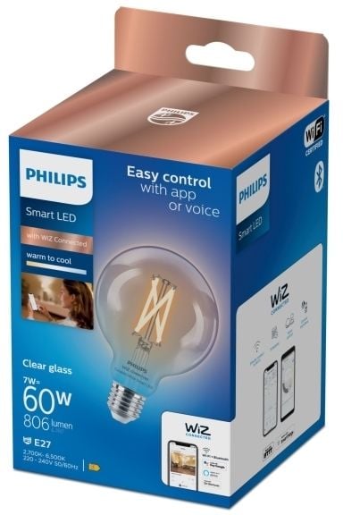 Philips Smart - LED-filamentlyspære - form: G95 - klar finish - E27 - 7 W (ekvivalent 60 W) - klasse E - varm til kjølig hvitt lys - 2700-6500 K