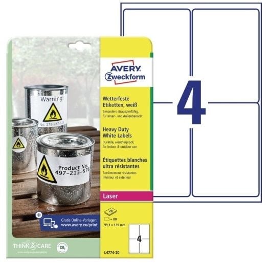 Avery Heavy Duty Laser Labels - Polyester - hvit - 99.1 x 139 mm 80 etikett(er) (20 ark x 4) merkelapper