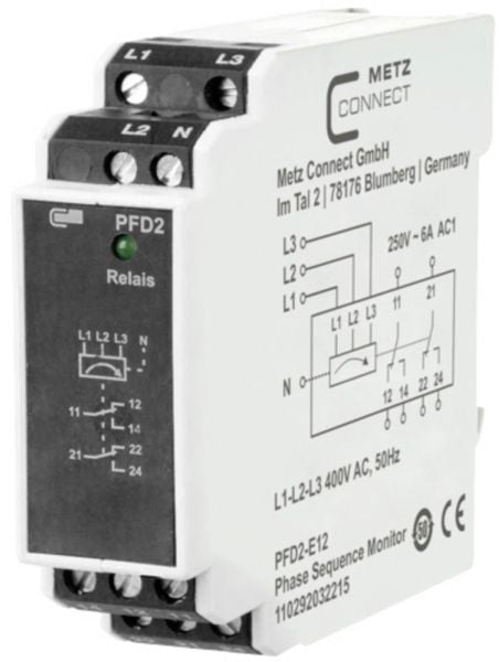 METZ CONNECT PFD2-E12, Musta, Valkoinen, 400 V, 6 A, 22,5 x 95 x 75 mm, 120 g, -5 - 55 °C