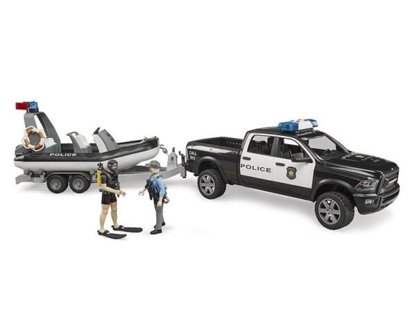 Bruder Dodge Ram 2500 Police pickup truck, trailer, boat, 2 figures with Light and Sound toy