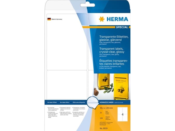 HERMA 8019, Läpinäkyvä, Itse kiinnittyvä tulostintarra, A4, Laser, Kiinteä, Kiilto