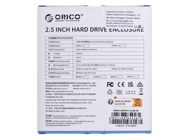 Orico-kabinett for 2,5" USB-C 3.1 6Gbps-stasjon, svart (25PW1C-C3-BK-EP)