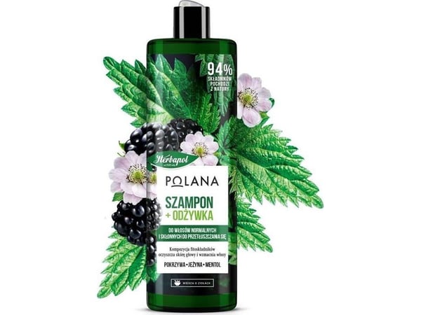 POLANA sjampo + balsam for normalt og fet hår brennesle + bjørnebær + mentol 400 ml