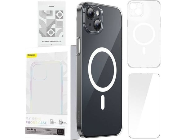Mobildeksel Baseus Magnetic Crystal Clear for iPhone 13 (transparent) med heldekkes herdet glass skjermbeskytter og rengjøringssett