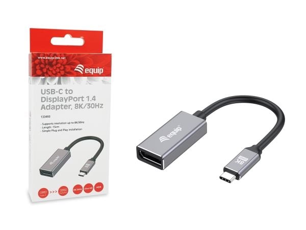 Equip 133493, 0,15 m, USB Type-C, DisplayPort, Urosliitin, Naarasliitin, Suora, Suora
