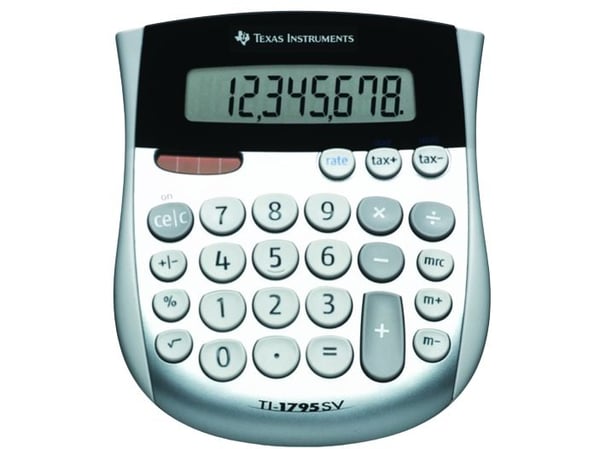 Texas Instruments TI-1795 SV 8-sifret kalkulator - solcellepanel, batteri, bordmodell