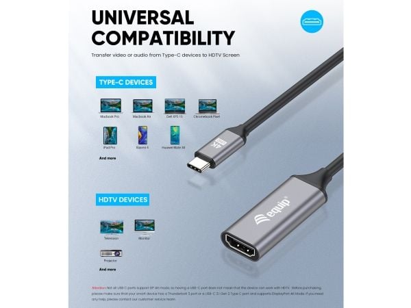 Equip 133491, 0,15 m, USB Type-C, HDMI, Hankjønn, Hunkjønn, Rett