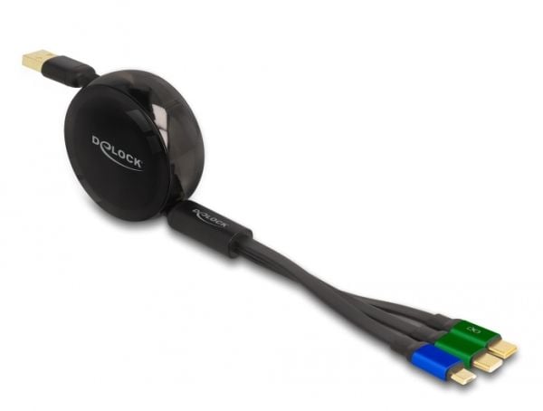 Delock USB sisäänvedettävä latauskaapeli 3 in 1 Type-A Micro USB / 2 x USB Type-C pikalataustoiminnolla musta
