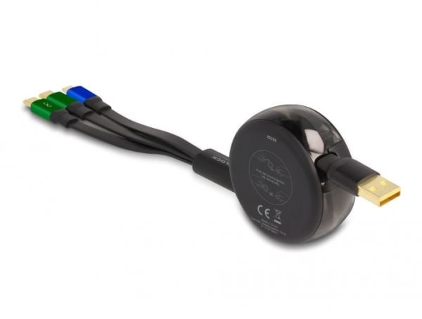 Delock USB sisäänvedettävä latauskaapeli 3 in 1 Type-A Micro USB / 2 x USB Type-C pikalataustoiminnolla musta