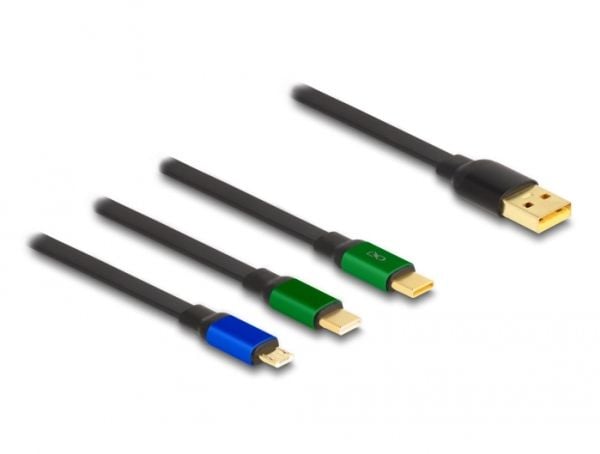 Delock USB sisäänvedettävä latauskaapeli 3 in 1 Type-A Micro USB / 2 x USB Type-C pikalataustoiminnolla musta