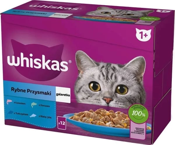 WHISKAS geléposer, smagsvarianter: Hvid fisk, torsk, laks, tun - vådfoder til katte - 12x85g