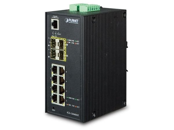PLANET IGS-12040MT - Switch - Styrt - 8 x 10/100/1000 + 4 x Gigabit SFP - DIN-skinnemonterbar, veggmonterbar - AC 24 V / DC 12 -72 V