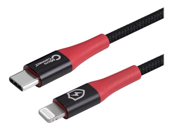 MicroConnect - Lightning-kabel - 24 pin USB-C hann til Lightning hann - 1.5 m - dobbeltisolert - svart, rød - Safe Charge, Data Blocker