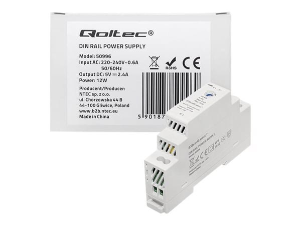 Qoltec - Strømforsyning (DIN-skinnemonterbar) - AC 220-240 V - 12 watt - hvit