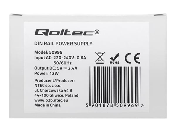 Qoltec - Strømforsyning (DIN-skinnemonterbar) - AC 220-240 V - 12 watt - hvit