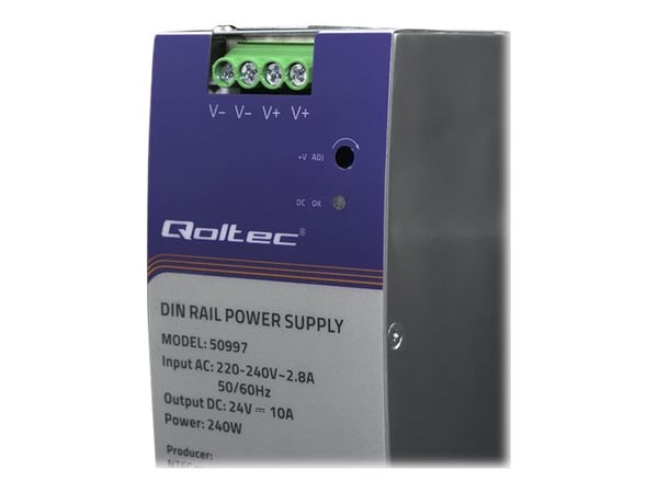 Qoltec - Strømforsyning (DIN-skinnemonterbar) - industrial, 24V, 10A - AC 220-240 V - 240 watt - sølv