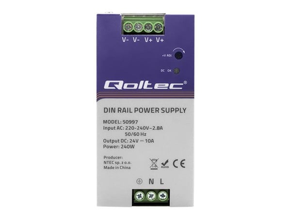 Qoltec - Strømforsyning (DIN-skinnemonterbar) - industrial, 24V, 10A - AC 220-240 V - 240 watt - sølv