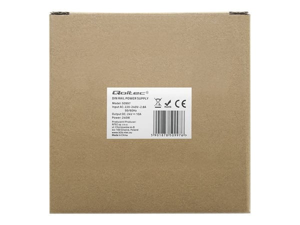 Qoltec teollisuuskäyttöön tarkoitettu DIN-kiskovirtalähde | 240W | 24V | 10A
