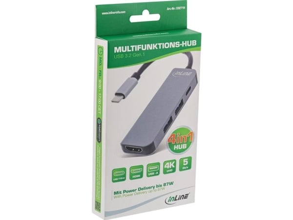 InLine 33271H, USB 3.2 Gen 1 (3.1 Gen 1) Type-C, HDMI, USB 3.2 Gen 1 (3.1 Gen 1) Type-A, USB Type-C, 5000 Mbit/s, 60 Hz, 3840 x 2160 pikseliä, Harmaa