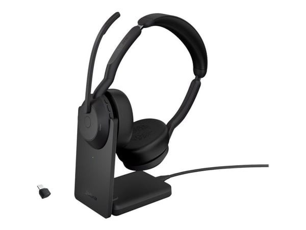 Jabra Evolve2 55 UC Stereo - Hodesett - on-ear - Bluetooth - trådløs - aktiv støydemping - USB-C - svart - med ladestativ - Zoom Certified, Cisco W...