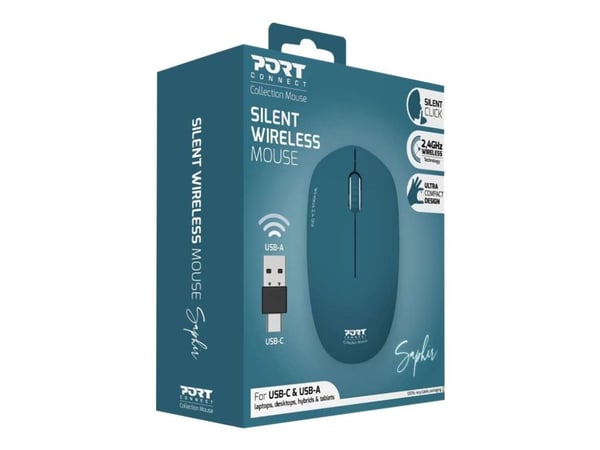 PORT Connect Collection - Mus - høyre- og venstrehåndet - optisk - 3 knapper - trådløs - 2.4 GHz - USB / USB-C trådløs mottaker - saphir