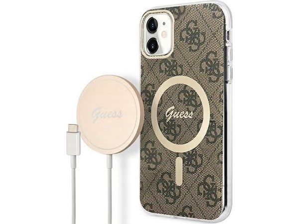 Guess-sett GUBPN61H4EACSW: etui + lader til Apple iPhone 11 6,1" brun hardt deksel 4G Print MagSafe