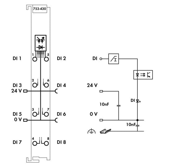 Wago 753-430, 8 kanaler, 5 kV, In, 24 V, 12 x 100 x 69 mm, 17 mA