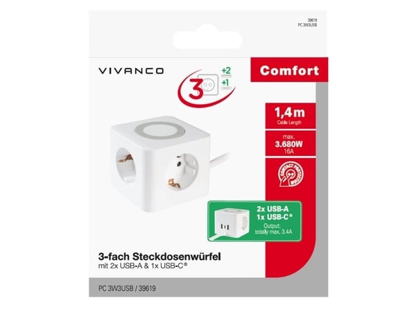 Vivanco PC 3W3USB, 1,4 m, 3 AC-pistorasia(a), Sisätila, Tyyppi F, Type F (CEE 7/4), Suora