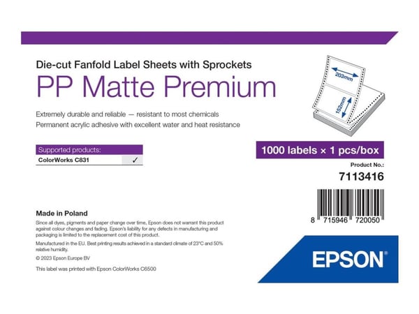 EPSON PP matta etiketti 203x152mm 500 tarraa, leikattu viuhkataitto