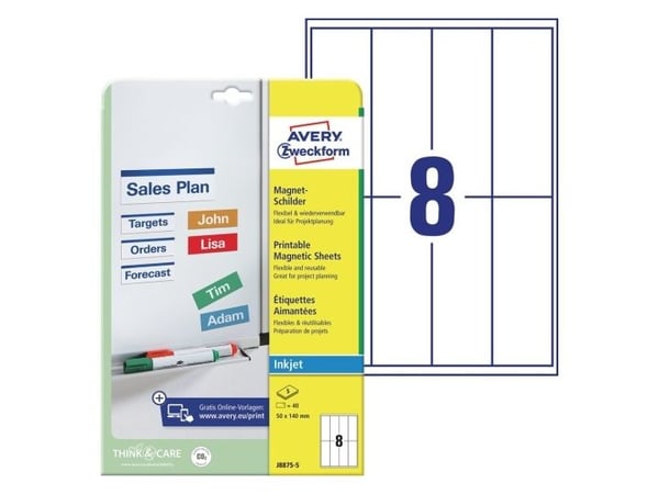 Avery Printable Magnets - Hvit - 50 x 140 mm 40 stk (5 ark x 8) magnetetiketter