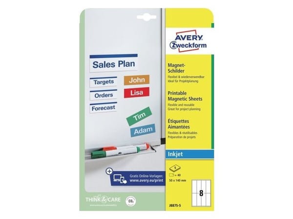 Avery Printable Magnets - Hvit - 50 x 140 mm 40 stk (5 ark x 8) magnetetiketter