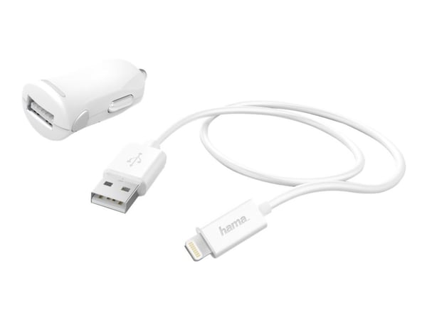 Hama Essential Line - Bilstrømadapter - 12 watt - 2.4 A - Fast Charge (USB) - på kabel: Lightning - hvit