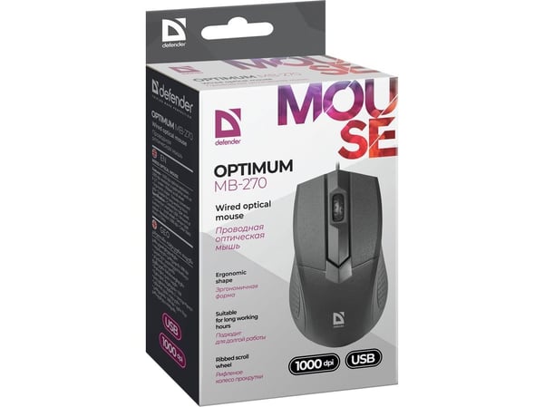 Defender Optimum MB-270 - Mus - ergonomisk - optisk - 3 knapper - kablet - USB - svart