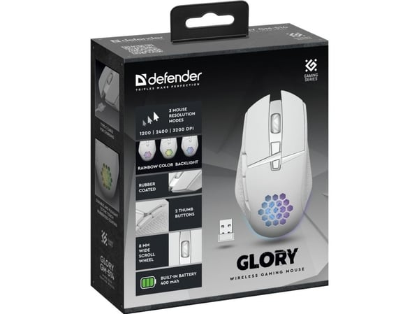 Defender GLORY GM-514, Høyre hendt, Optisk, RF kabel-fri, 3200 DPI, Hvit