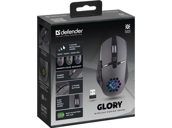 Defender GLORY GM-514, Høyre hendt, Optisk, RF kabel-fri, 3200 DPI, Sort