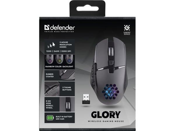 Defender GLORY GM-514, Høyre hendt, Optisk, RF kabel-fri, 3200 DPI, Sort