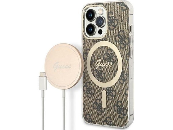 Guess lader Guess veske + trådløs lader GUBPP13LH4EACSW Apple iPhone 13 Pro brun/brun hard veske 4G Print MagSafe
