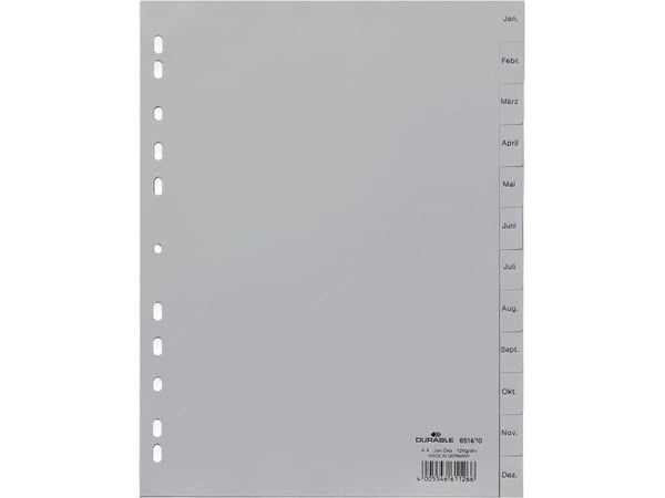 Durable 651410, Months tab index, Polypropylen (PP), Grå, Portrett, A4, 230 mm