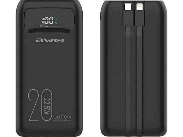 Powerbank Awei AWEI PowerBank P169K 20000mAh 22,5W svart/svart skjerm + PD/Lightning-kabler
