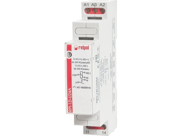 Relpol elektromagnetisk relé 1Z 16A 24VAC/DC eller 230 VAC AgSnO2 RPI-1Z-U24A 863371