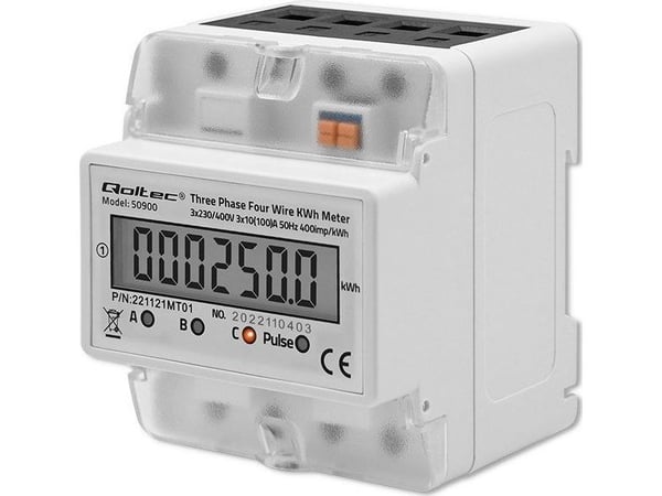Qoltec trefaset elektronisk energiforbruksmåler på DIN-skinne 230V LCD 4P