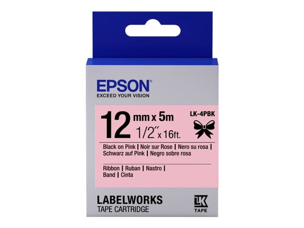 Epson LabelWorks LK-4PBK - Sateng - sort på lyserødt - Rull (1,2 cm x 5 m) 1 kassett(er) båndtape - for LabelWorks Cable and Wiring Kit, LW-1000, 6...