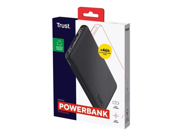 Trust Primo Ultra-thin - Strømbank - 10000 mAh - 37 Wh - 15 watt - 3 A - Fast Charge - 3 utgangskontakter (2 x USB, USB-C) - på kabel: Micro-USB - ...