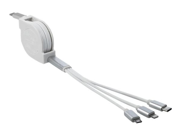 Delock - Kun lade-kabel - 24 pin USB-C hann til Micro-USB type B, Lightning, 24 pin USB-C hann - 98 cm - hvit, sølv - tilbaketrekkbar
