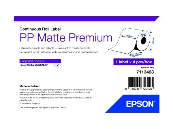 Epson Premium - Polypropylen (PP) - matt - permanent akryl-adhesiv - Rull A4 (21 cm x 55 m) 4 rull(er) boks - sammenhengende etiketter