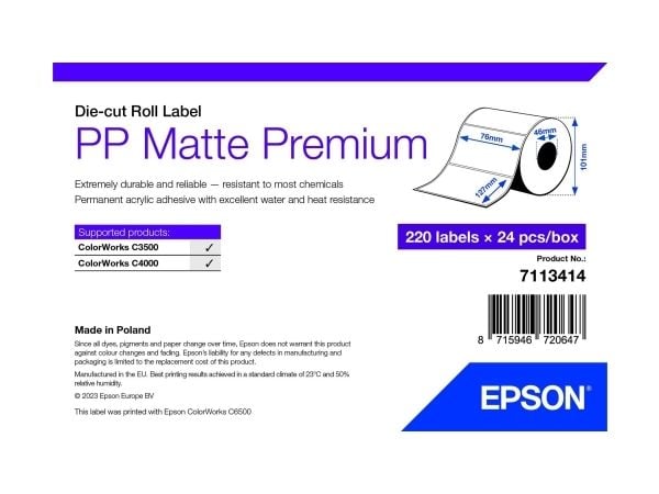 Epson Premium - Polypropylen (PP) - matt - permanent akryl-adhesiv - 76 x 127 mm 5280 etikett(er) (24 rull(er) x 220 stanseskårne etiketter
