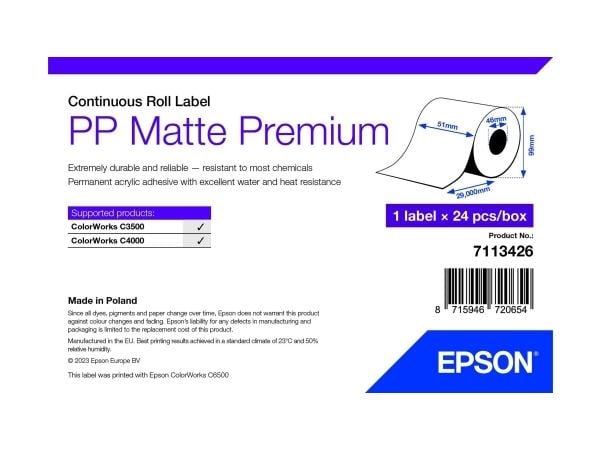 Epson Premium - Polypropylen (PP) - matt - permanent akryl-adhesiv - Rull (5,1 cm x 29 m) boks - sammenhengende etiketter